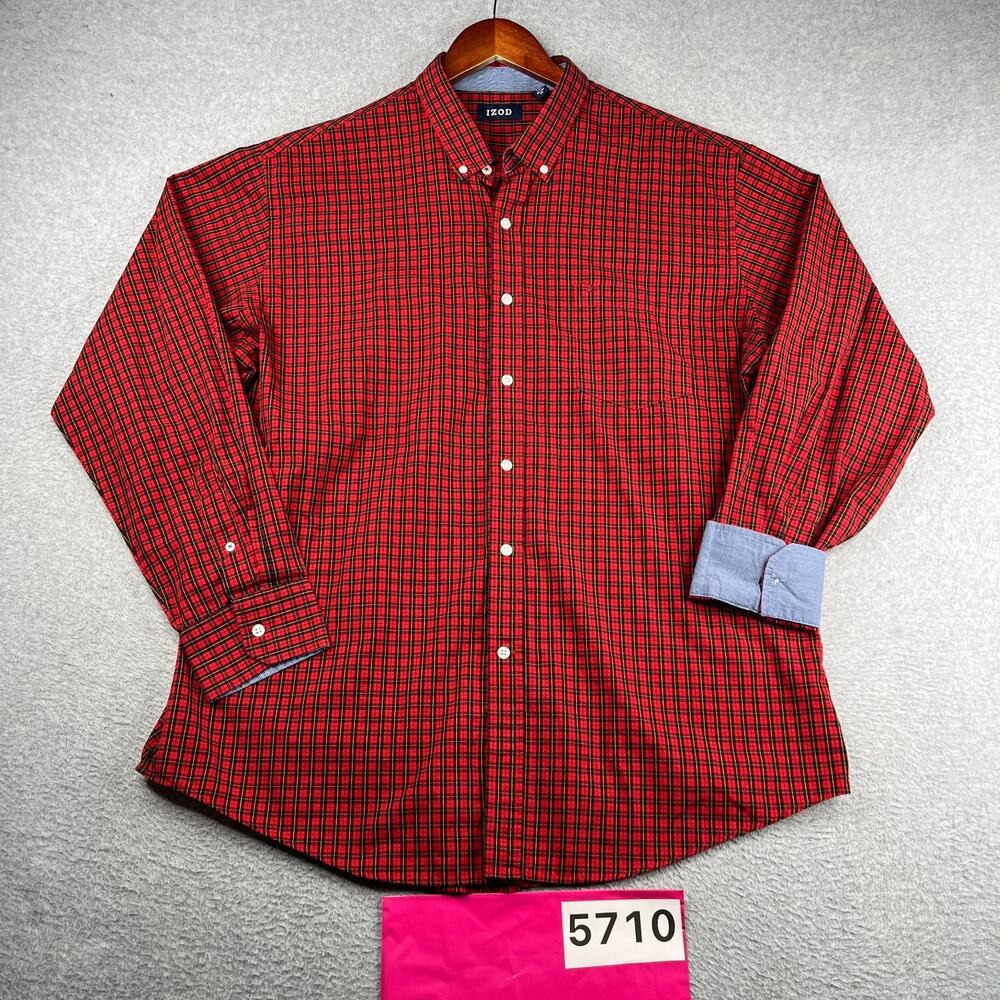 IZOD Red Check Shirt Flip Cuff Casual Button Up Long Sleeve Mens XL